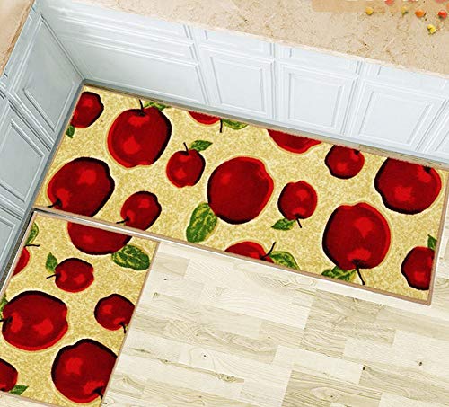 Wolala Home Machine Washable Kitchen Rugs and Mats 2pcs Sets Red Apple Design Non-Slip Absorbent Kitchen Rug Runner(1'3x2'0+1'3x4'0, Red)