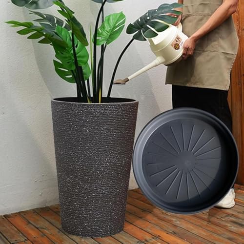 Foivozs プランター 大型 鉢 プランター おしゃれ おしゃれ 受け皿付き 植木鉢 大型 軽量 屋内 屋外用 プランター 深型 観葉植物 鉢 植木鉢 排水穴付き (ブラック(高さ42cm))