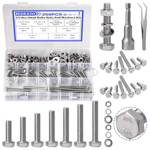 252Pcs 1/4-20 Hex Bolts and Nuts Kit, Stainless Steel Nuts and Bolts Assortment Kit, Fully Threaded Hex Bolt 1/4-20 x 1/2”, 3/4”, 1”, 1-1/2”, 2”, 2-1/2”, 3” Screws Nuts Flat Lock Washer Kit Hakkin