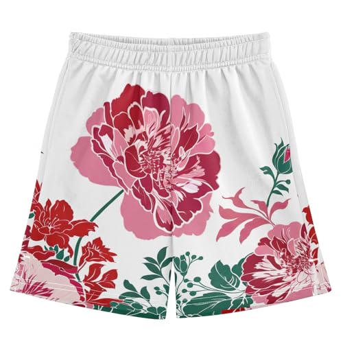 CHIFIGNO Red Pink Flowers Breathable Pull-On Kids Shorts, Knee-Length School Boys Beach Shorts XS