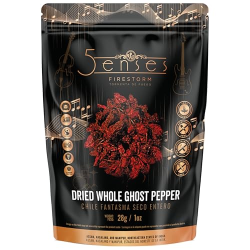 5Senses Dried Whole Ghost Peppers | Bhut Jolokia, Chile Fantasma | Firestorm | Single Origin, 100% Natural, Non-GMO, Fairtrade, Vegan Spice, Whole Chili Pods | Assam Ghost Chili | Naga Jolokia | Super Hot Pepper | Extreme Heat Chili (28g/1oz)
