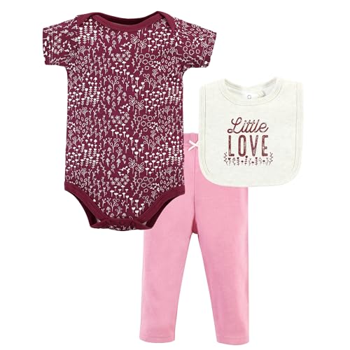 Image of Hudson Baby Unisex Baby Cotton Bodysuit, Pant and Bib Set, Little Love Flowers, Newborn