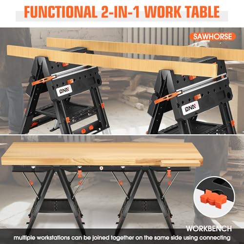 DNA MOTORING 2 in 1 Portable Workbench, Heavy-Duty Load Capacity Folding Table & Sawhorse, 31" Lx 25" W Lightweight Design Folding Work Table, w/ 2pcs Clamps, TOOLS-00712 - Image 5