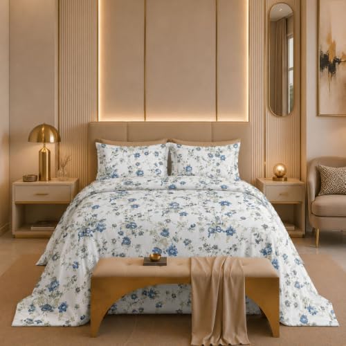 Image of Jaipur Weaves Cotton Linen Feel King Size Bedsheet 108x108 Super King, 100% Pure Cotton Bed Sheet with 2 Pillow Covers, 300 TC Soft Breathable Floral Design Bedding -(Vintage Blue, Super King)