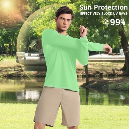 Light Green UPF 50+ Long Sleeve Sun Shirt Loose Type Round Neck Mens Sun Protection Long Sleeve Water Fishing4