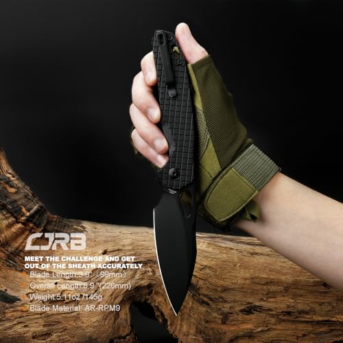 Image of CJRB Frack Pocket Knife, 3.9 inch AR-RPM9 Steel Blade PVD Coating Frag Pattern Steel Handle EDC Knife, Button Lock Knife for Outdoor Camping Gift, Black (J1931)