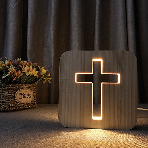 WLHONG Cross Shaped Wood Bedside Lamp, Jesus Cross 3D LED Optical Night Light, Personalized Room Decor Best Birthday Christian Retirement Gifts for Women Friend