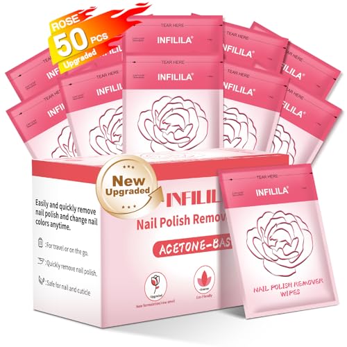NXJ INFILILA Upgraded Nail Polish Remover Pads - Jumbo Size 50 PCS Acetone Pads with Rose Oil & Aloe Vera Individually Sealed Travel-Friendly Lint-Free for Regular Polish Home & Salon Use