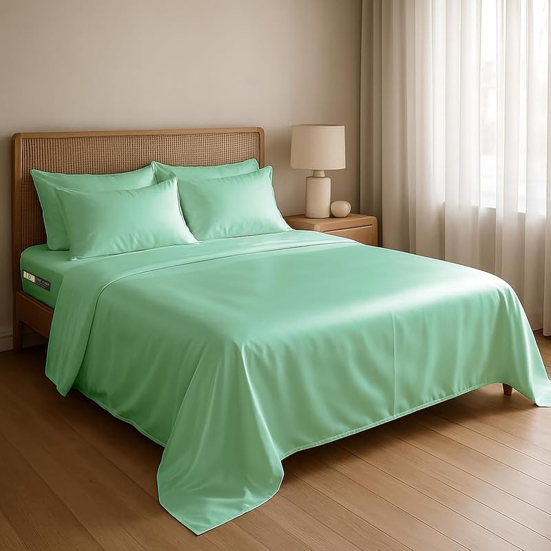 Image of Day Care-Luxury Satin Flat Double Bed (90x100 Inchs) Bedsheet|Ultra Soft Silky Smooth Touch|Breathable, Lightweight & Skin Friendly|Wrinkle Resistant|Aqua Green