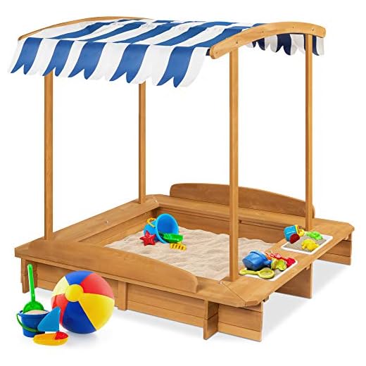Best Choice Products Kids Wooden Cabana Sandbox Play Station for Children, Outdoor, Backyard w/ 2 Bench Seats, UV-Resistant Canopy Shade, Fabric Sandpit Cover, 2 Side Buckets - Natural
