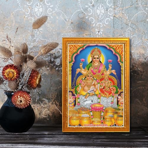 Image of CRAFT QUEST Lakshmi Kuber Wall Painting Photo Frame for Diwali Pujan (Synthetic, Golden, Sparkle Finish, Small Size, 8 X 6 Inch)