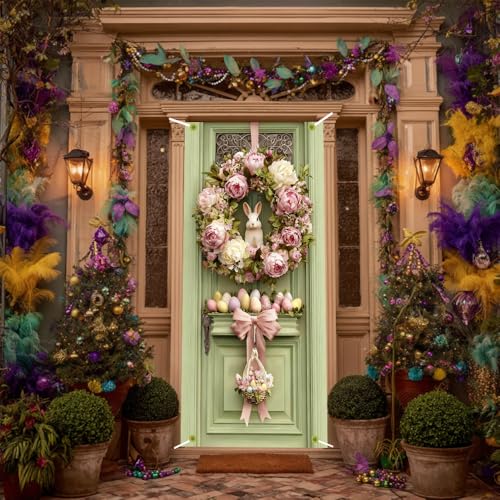 Image of Easter Door Cover 35.43 x 70.87 Inch Elegant Pink Floral Door Scene with Peony Wreath Bunny Accent Decorative Egg Arrangement and Soft Pastel Details for Seasonal Spring Door Decoration