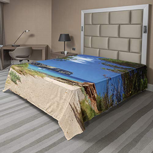 Ambesonne Beach Flat Sheet, View on Cala Algaiarens from Sand Pathway Cliff in Water Menorca Island Europe Theme, Soft Comfortable Top Sheet Decorative Bedding 1 Piece, California King, Multicolor