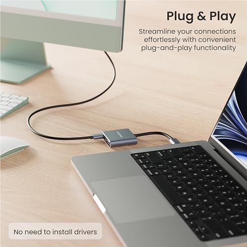 Image of Ambrane 3-in-1 Multiport USB Hub | Type C To HDMI Adapter |Connector| 100W PD Fast Charging Ports | upto 5 Gbps High-Speed Data Transfer for laptops, MacBook, Tablets & Smartphones (E-Hub Pro, Grey)