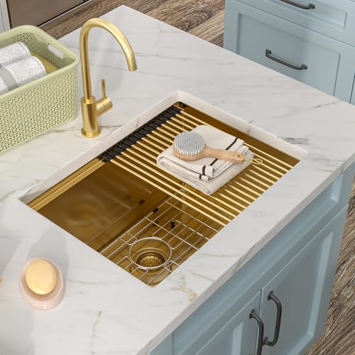 Image of 24 inchx18 inch Undermount Laundry Utility Sink Workstation - Brushed Gold NANO-PVD, 16 Gauge 304 Stainless Steel, 12 Inch Deep Single Bowl Basin for Laundry Room, RV or Utility Use