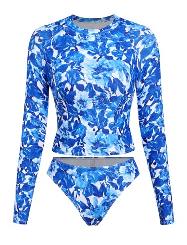 Image of ZAFUL Womens Rash Guard Swimsuits Long Sleeve Sun Protection Bathing Suit Tropical Swim Shirts with Briefs