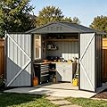 COMHOMA Outdoor Storage Shed with Window,Metal Lockable Garden Toolhouse, Ventilated Weather-Resistant Backyard Utility Workshop for Storage(Light Grey,6x4ft)
