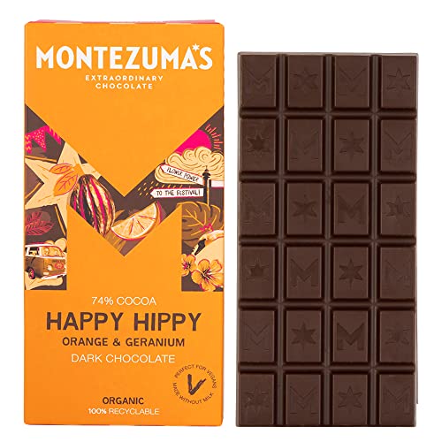 Montezumas Happy Hippy 74% Cocoa Dark Chocolate With Orange & Geranium Gluten Free Naturally Vegan & Organic 90g Bar