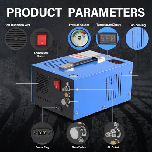 Image of Portable PCP Air Compressor 4500 PSI / 30 MPa: Built-In Transformer & Fan, Oil /Water-Free, One-Button Start, for Air Rifles, Dive Tanks, & Compressors, Supports 110VAC Home & 12VDC Vehicle Power.