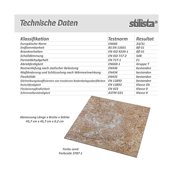 STILISTA Vinyl Laminat in Steinoptik sand, 36 Fliesen a 457,2mm x 457,2mm = 7,53 m², rutschfest, wasserfest, schwer entflammbar, schimmelbeständig – Bild 6