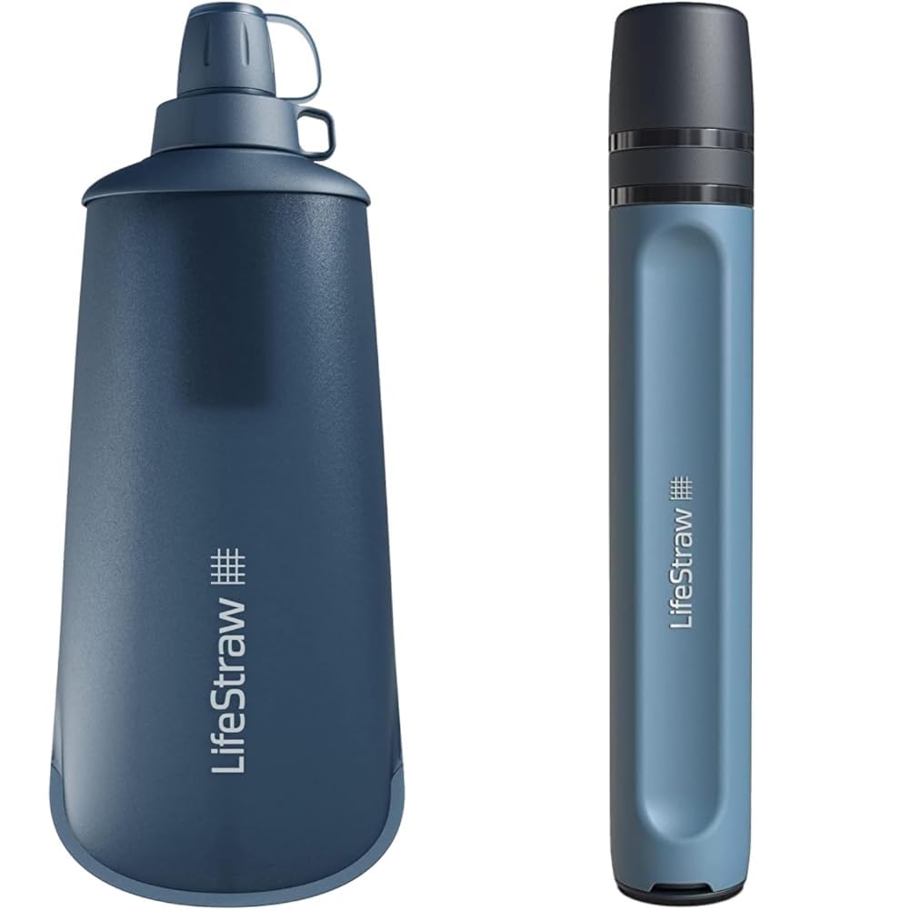 LifeStraw Peak Series - Gourde compressible avec système de filtration d'eau 1l & Peak Series - Paille filtrante Personal Water pour filtration, urgence, survie