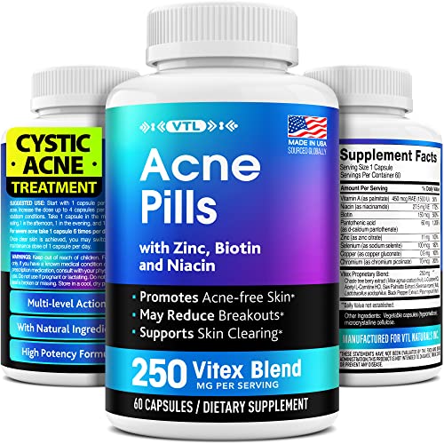 Acne Pills Natural Cystic Acne Treatment - Made in USA - with Zinc, Biotin & Niacin - Prevents Hormonal Acne - Perfect Face, Body and Back Acne Treatment - Acne Vitamin Supplement - 60 caps