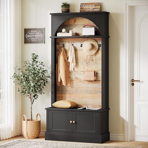 Image of Tribesigns 70.86 inch Hall Tree with Storage Bench, 4-in-1 Design Entryway Bench with Coat Rack, Farmhouse Hall Tree with 5 Hooks and Adjustable Shoe Storage for Entryway, Hallway(Black+Brown)