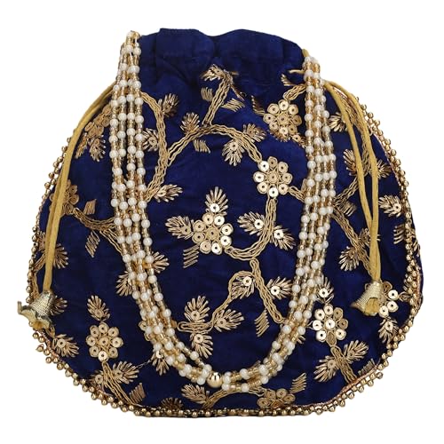Craft Trade Bolso Potli bordado de algodón para mujer con cordón y asa de perla, bolso dorado para trabajo para novia, Azul Marino, M, Antiguo