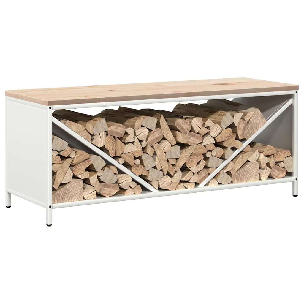 Brennholzregal mit Holzplatte Weiß aus kaltgewalztem Stahl 100,5x35,5x40 cm, stabiles Kaminholzregal für Wohnzimmer und Terrasse, Holzlagerung und Ablage, Holzständer für Brennholz-Ordnung