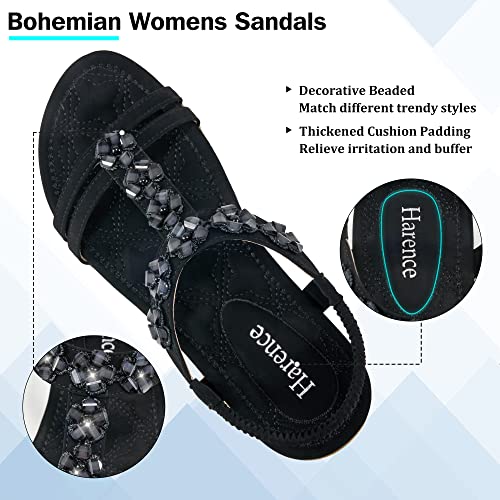 HARENCE Women's Summer Flat Sandals: Comfortable Bohemian Beaded Flats Shoes Elastic Ankle T-Strap Casual Slip on Beach Dress Sandals for Women3