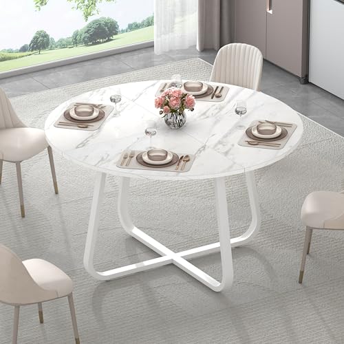 Mudmasa Runder Esstisch in Weißer MarmoroptikModerner Küchentisch für 4–6 Personen Platzsparender Runder Tisch für Esszimmer und Wohnzimmer Holz-Metall-Kombination 130 x 75 cm (Durchmesser x H)