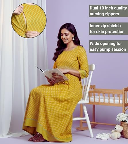 Image of DUMMY SHAPE Maternity Gown for Women | Floral Anarkali Flare Kurta with Dual Nursing Zippers | Pregnancy & Breastfeeding | Feeding Kurtis | Baby Shower | Mom to Be Gifts for Pregnant Woman