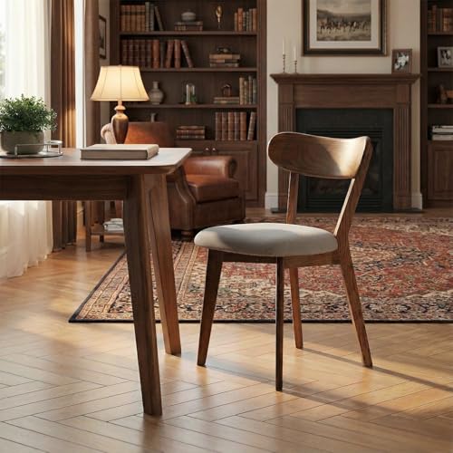 Image of 100% Solid Wood Dining Chairs,Mid Century Modern Dining Chairs with Rounded Backrest,Kitchen,Dining Room Chairs Set of 1 /2 /4 (1, Walnut Color Grey Upholstery)