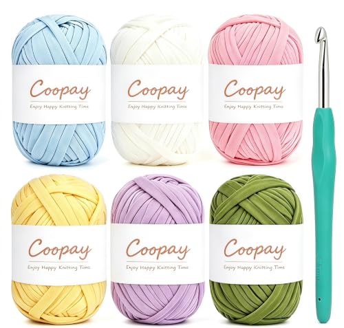 Image of Coopay 6 Pack T-Shirt Yarn for Crocheting, 600g Thick Elastic Fabric Yarn