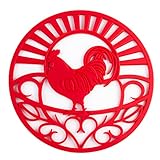 Silicone Trivet for Hot Dishes, Pots & Pans - Decorative Non Slip Mat 'Country Rooster' Design - Protective Pads for Kitchen Counter Love This Kitchen (7.5 inch Round, Set of 3, Red)