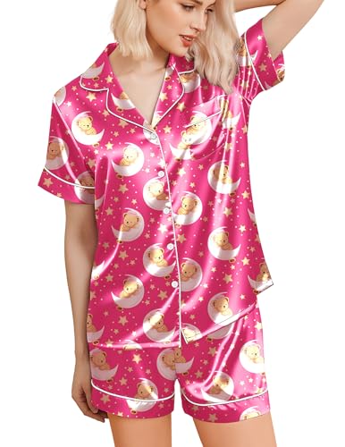 Image of Ekouaer Silk Pajamas for Women Funny Teddy Sleepwear Comfy Short Sleeve Button Down Loungewear Satin Pjs Shorts Set,Rose,S