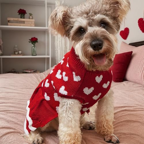 Winmany Valentinstags-Hundepullover für kleine und mittelgroße Katzen, Hunde, rot-rosa Herzkleid, Haustier-Winter-Rollkragenpullover, Strickwaren (Rot, M)