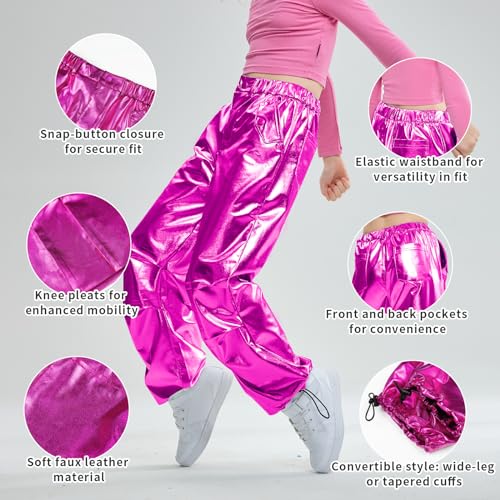 LOLANTA Girls Metallic Jogger Pants, Shiny Jazz Street Hip Hop Dance Pants 7-16, Convertible Leg Opening3