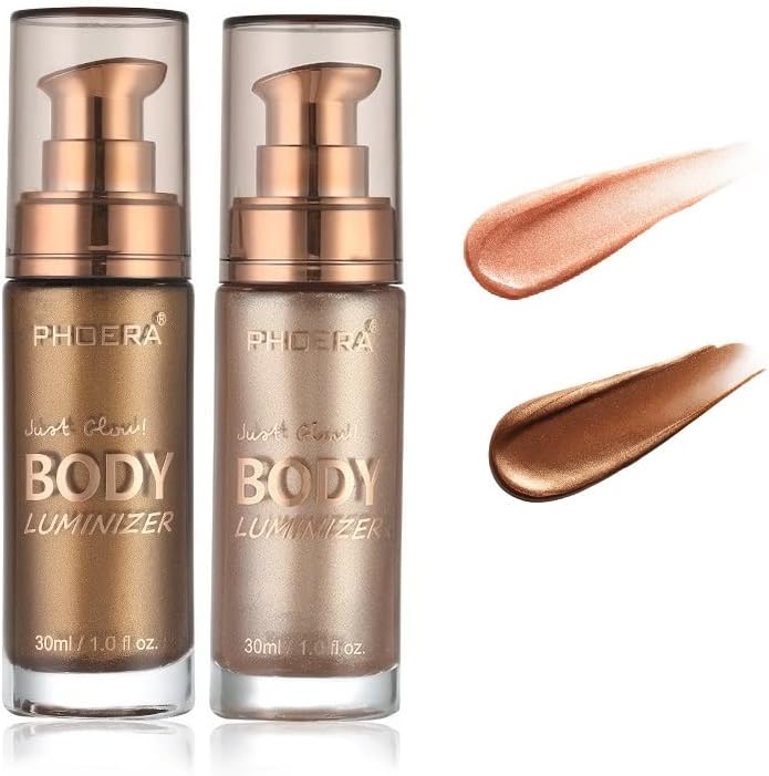 2 Pack Body Luminizer, High Gloss Waterproof Body Luminizer Glitter Face Shimmer Moisturizer Lotion Tan Cream Foundation Makeup Bronzer(101 Rose Gold+103 Glistering Bronze)