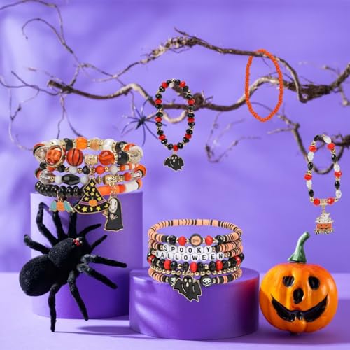 Halloween Bracelets for Women Boo Pumpkin Skull Ghosts Stretchy Beaded Bracelets Spooky Skeleton Bat Cat Stackable Bracelet Bracelet Jewelry3