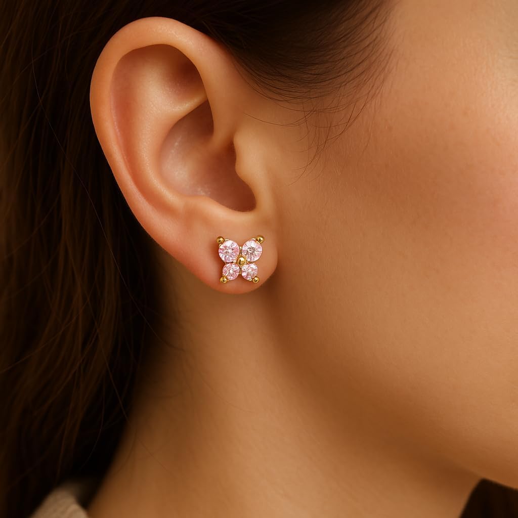 14K Gold Butterfly Stud Earrings with CZ Stones and Screw Back, 7.5mm x 7mm, Hypoallergenic for Women