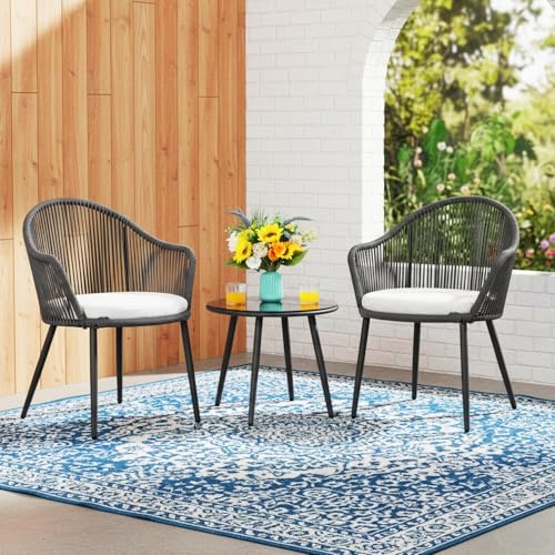 Image of DEVOKO 3 Piece Outdoor Rope Furniture Set - Patio Seating Chair and Table Set with 2 Chairs and 1 Table, Balcony Coffee Table Set (Dark Grey and Off-White)