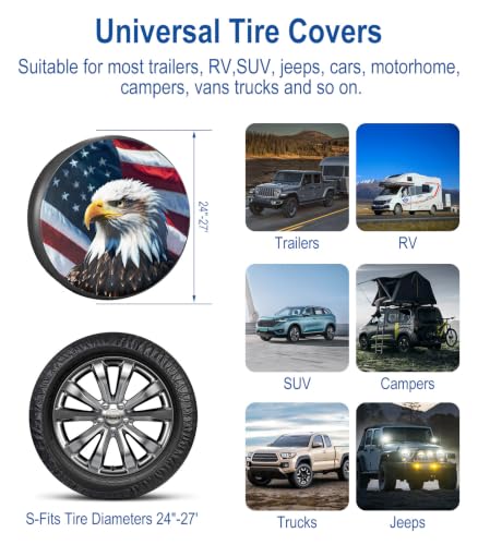Image of RV Spare Tire Cover 14in with American Eagle USA Flag Universal Fit | Waterproof PVC Leather for Trailer Truck SUV Wrangler Camper Motorhome Accessories Vehicle Wheel Cover Sun Dust Protection