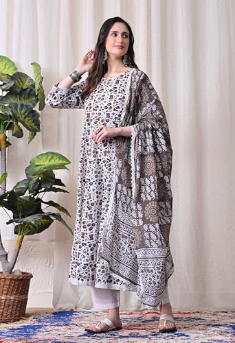 Image of MEERA FAB Women's Cotton Printed Anarkali Kurta with Palazzo & Dupatta Set