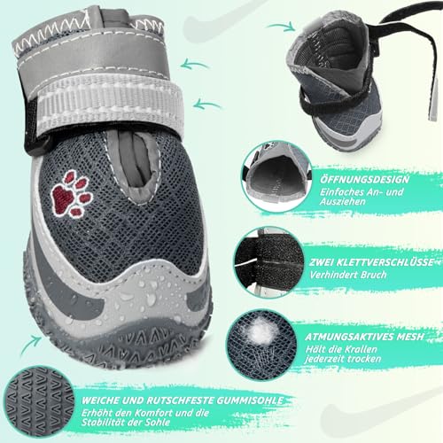 Eyein 2 Stück Hundeschuhe, Masche Atmungsaktiv Hundeschuhe Pfotenschutz mit Rutschfester Sohle für heiße Sommerböden, Reflektierende Hundeschuhe für nächtliche Spaziergänge im Freien (Grau, Größe 5)