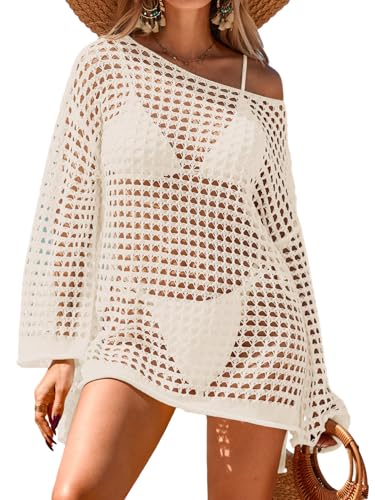 Womens Oversized Crochet Hollow Out Swimsuit Coverup Summer 2025 Boat Neck Beach Bathing Suit Cover Up Mini Dress