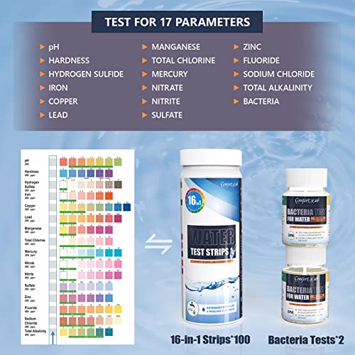 Comfort Hub WATER TEST KIT-17 In 1 Water Testing Kits For Drinking Water - Water Test Kit - Tap Well Home Water Quality Test - 100 Strips + 2 Bacteria Tests - Easy Testing For Ph Lead Hardness Iron Copper E.Coli And More! thumb #2