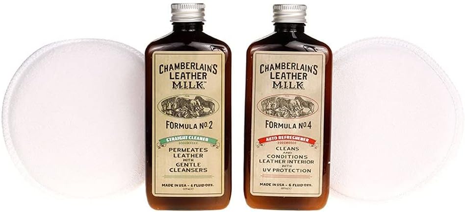 Leather Milk Auto Leather Cleaner & Conditioner Kit (2 Formula Car Detailing Set) - Straight Cleaner No. 2 + Auto Refreshener No. 4 - All Natural, Non-Toxic. Made in USA. Includes 2 Detailing Pads!