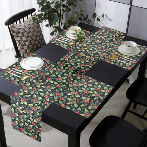 Image of Dining Table Mats Set of 4 with 135 cm Runner - Cherry Christmas Leaves Theme,Digital Print, Washable, Indoor /Outdoor, Heat-Proof, Wipe & Clean (47X33 cm) Red & Green