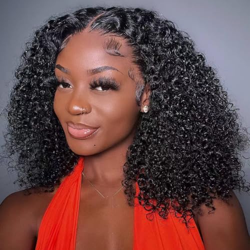 Durya Bob Wig Human Hair 13x4 Deep Wave Lace Front Wigs Human Hair Curly Wigs for Black Women Short Bob Wigs Wet and Wavy Lace Frontal Wig Natural Hairline 220% Density 14 Inch